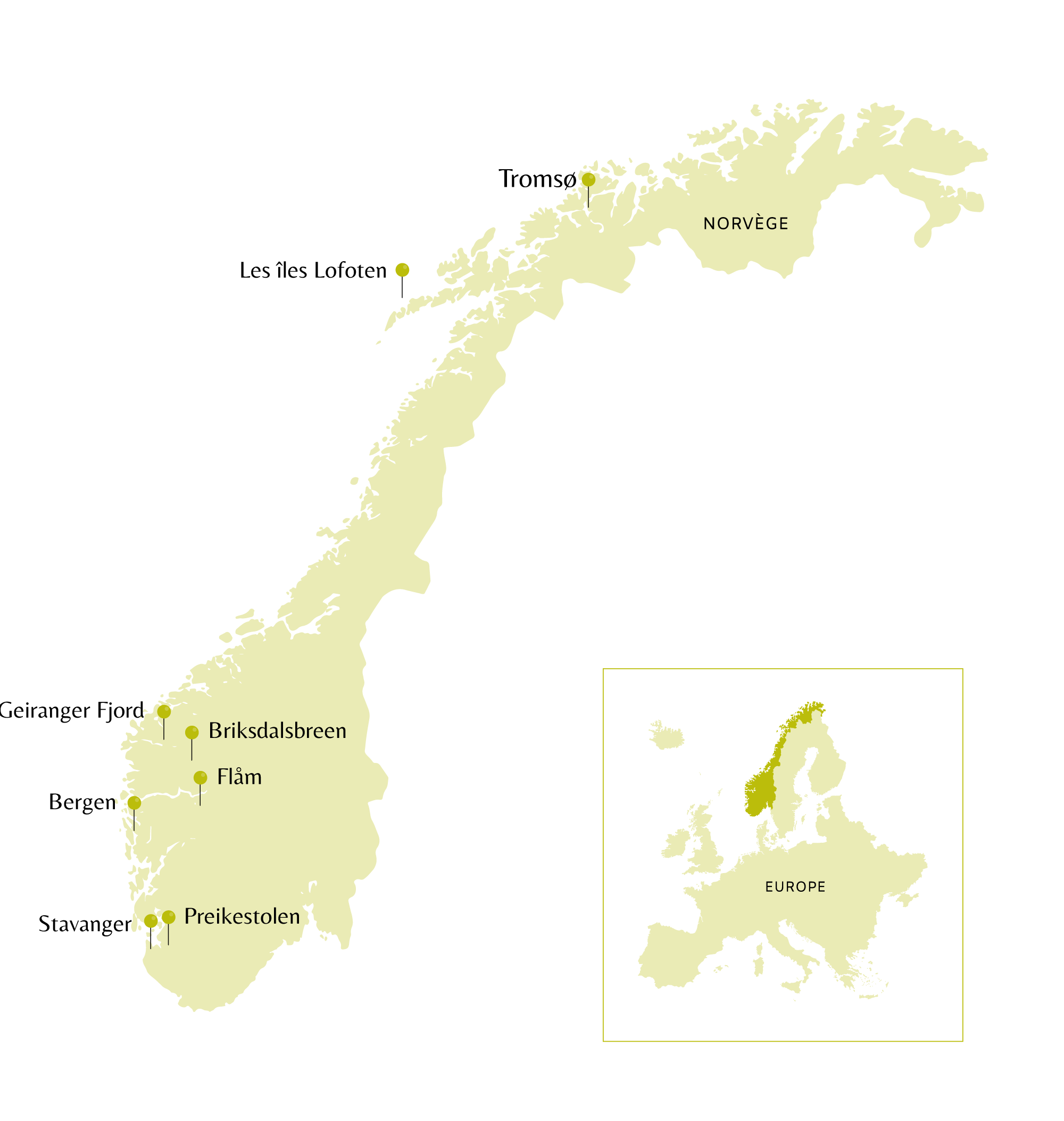 Carte de la Norvège avec points d'intérêts